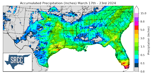 Graphic showing the accumulated precipitation across the Southern Region for March 17th - 23rd