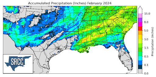Graphic showing the accumulated precipitation across the Southern Region for February 25th - March 2nd