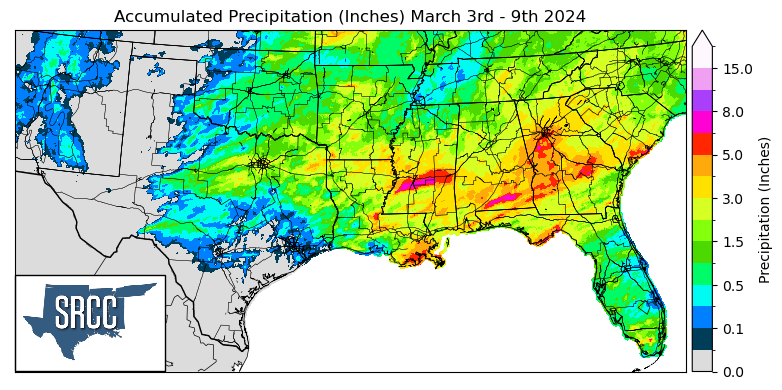 Graphic showing the accumulated precipitation across the Southern Region for March 3rd - 9th