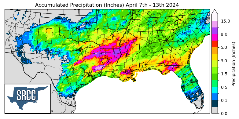 Graphic showing the accumulated precipitation across the Southern Region for April 7th - 13th