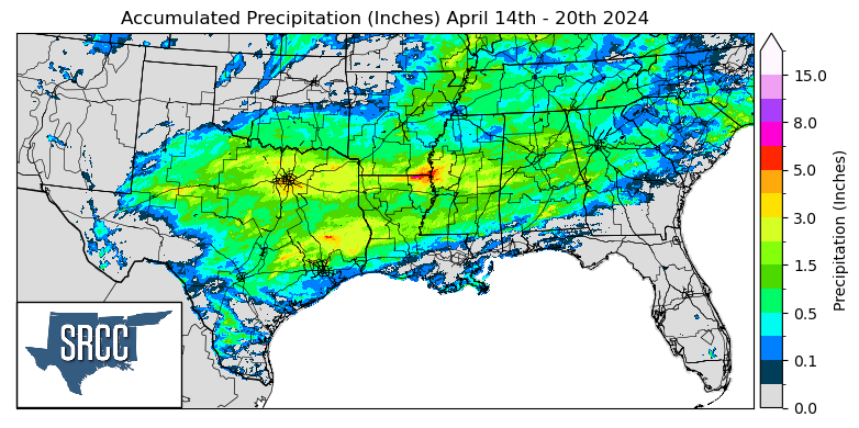 Graphic showing the accumulated precipitation across the Southern Region for April 14th - 20th