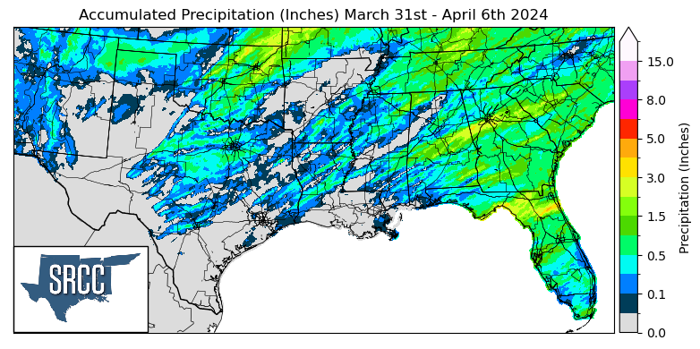 Graphic showing the accumulated precipitation across the Southern Region for March 31st - April 6th