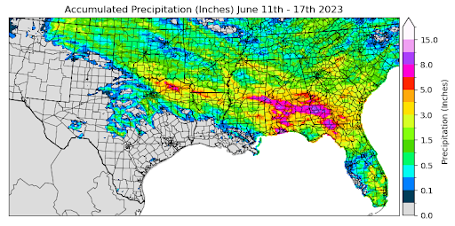 Graphic showing the accumulated precipitation across the Southern Region for June 11th - 17th