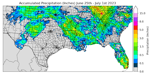 Graphic showing the accumulated precipitation across the Southern Region for June 25th - July 1st