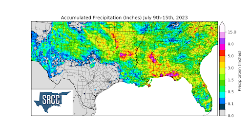 Graphic showing the accumulated precipitation across the Southern Region for July 9th - 15th