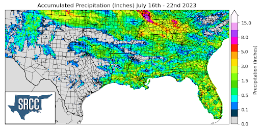 Graphic showing the accumulated precipitation across the Southern Region for July 16th - 22nd