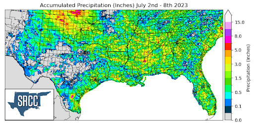 Graphic showing the accumulated precipitation across the Southern Region for July 2nd - 8th