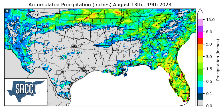 Graphic showing the accumulated precipitation across the Southern Region for August 13th - 19th