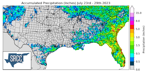 Graphic showing the accumulated precipitation across the Southern Region for July 23rd - 29th