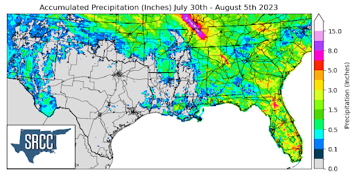Graphic showing the accumulated precipitation across the Southern Region for July 30th - August 5th