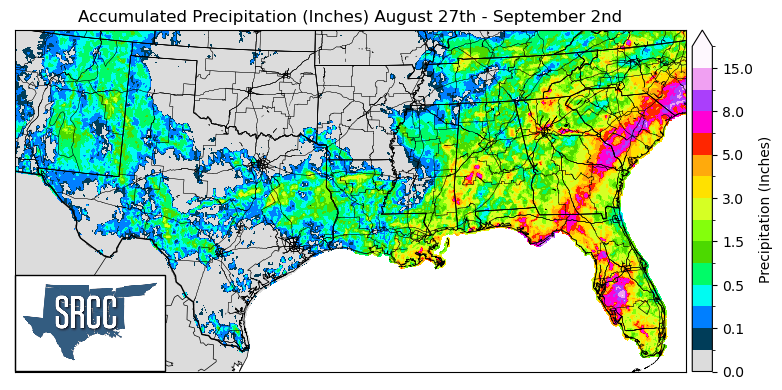 Graphic showing the accumulated precipitation across the Southern Region for August 27th - September 2nd