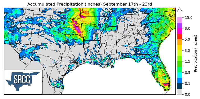 Graphic showing the accumulated precipitation across the Southern Region for September 17th - 23rd