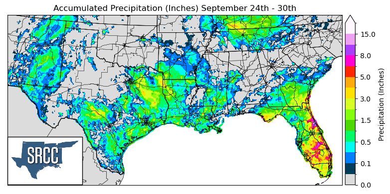 Graphic showing the accumulated precipitation across the Southern Region for September 24th - 30th