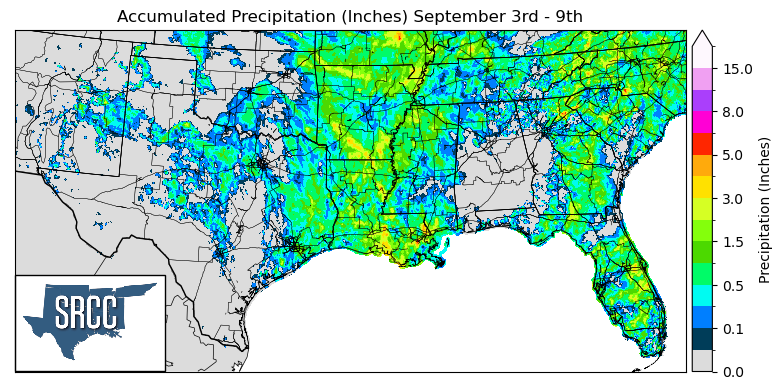 Graphic showing the accumulated precipitation across the Southern Region for September 3rd - 9th