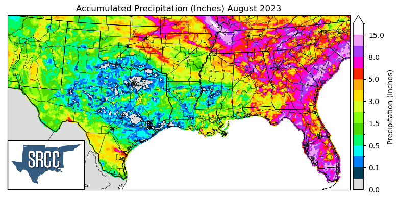 Graphic showing the accumulated precipitation across the Southern Region for August