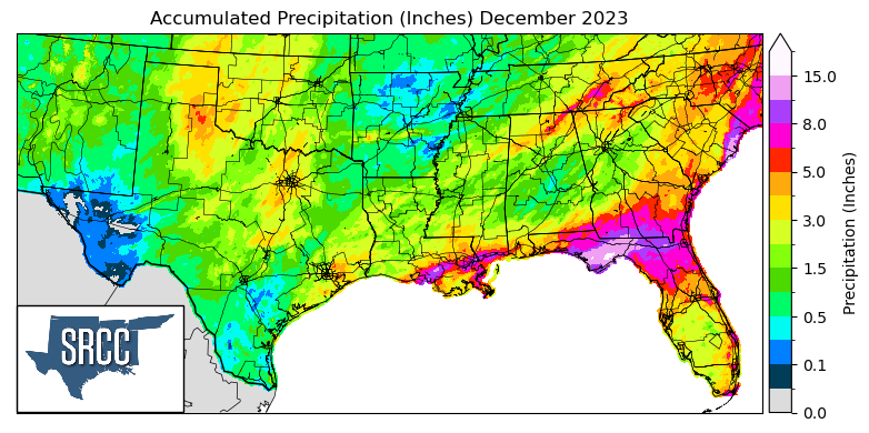 Graphic showing the accumulated precipitation across the Southern Region for December
