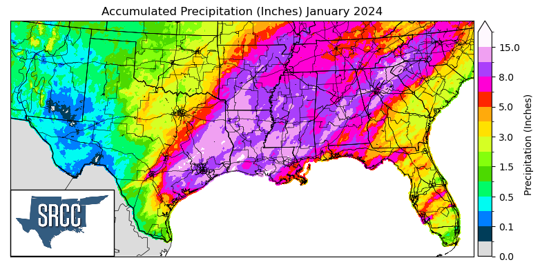 Graphic showing the accumulated precipitation across the Southern Region for January