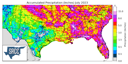 Graphic showing the accumulated precipitation across the Southern Region for July