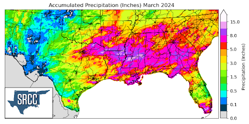 Graphic showing the accumulated precipitation across the Southern Region for March