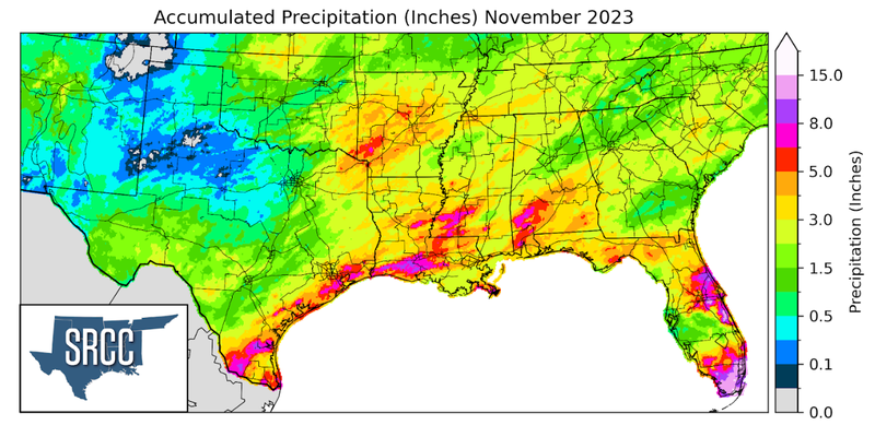 Graphic showing the accumulated precipitation across the Southern Region for November