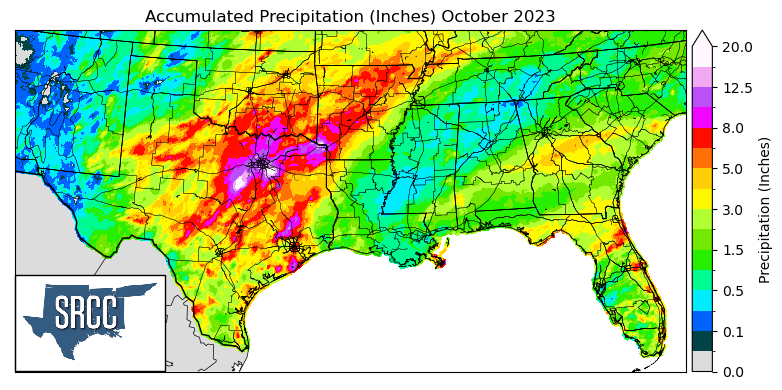 Graphic showing the accumulated precipitation across the Southern Region for October