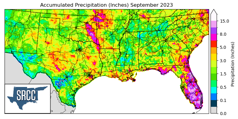 Graphic showing the accumulated precipitation across the Southern Region for September
