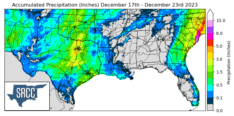 Graphic showing the accumulated precipitation across the Southern Region for December 17th - 23rd