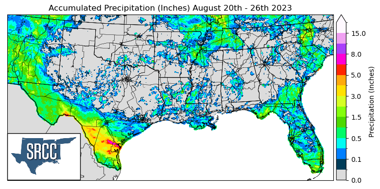 Graphic showing the accumulated precipitation across the Southern Region for August 20th - 26th