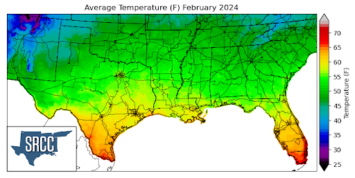 Graphic showing the average temperature across the Southern Region for February