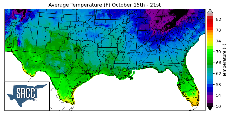 Graphic showing the average temperature across the Southern Region for October 15th - 21st