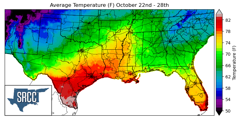Graphic showing the average temperature across the Southern Region for October 22nd - 28th