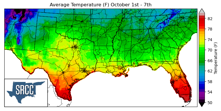 Graphic showing the average temperature across the Southern Region for October 1st - 7th