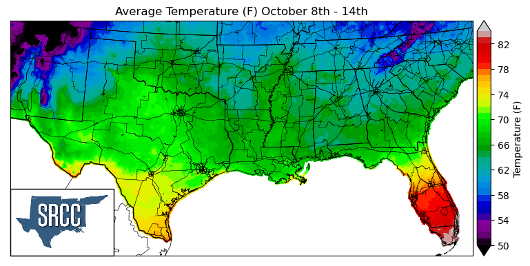 Graphic showing the average temperature across the Southern Region for October 8th - 14th
