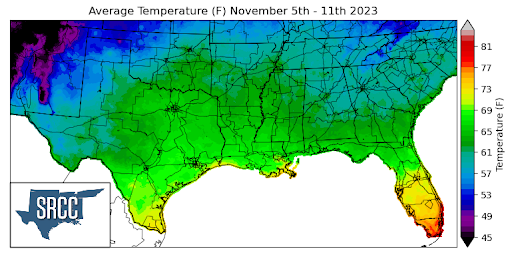 Graphic showing the average temperature across the Southern Region for November 5th - 11th