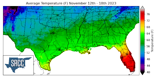 Graphic showing the average temperature across the Southern Region for November 12th - 18th