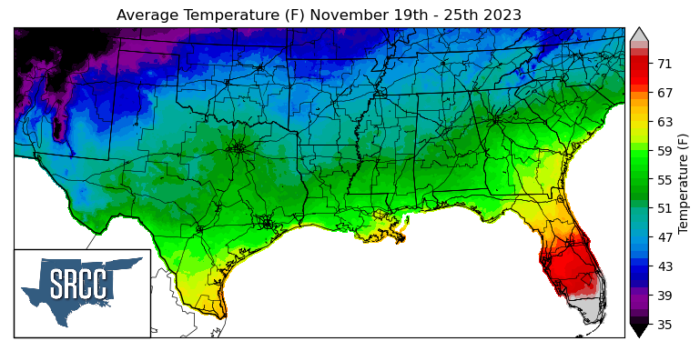 Graphic showing the average temperature across the Southern Region for November 19th - 25th