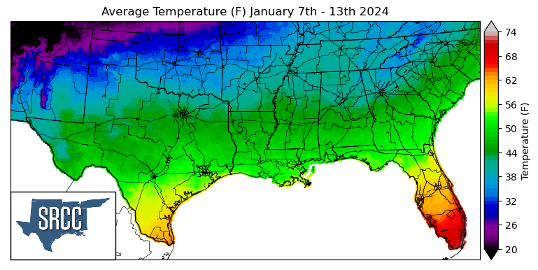Graphic showing the average temperature across the Southern Region for January 7th - 13th