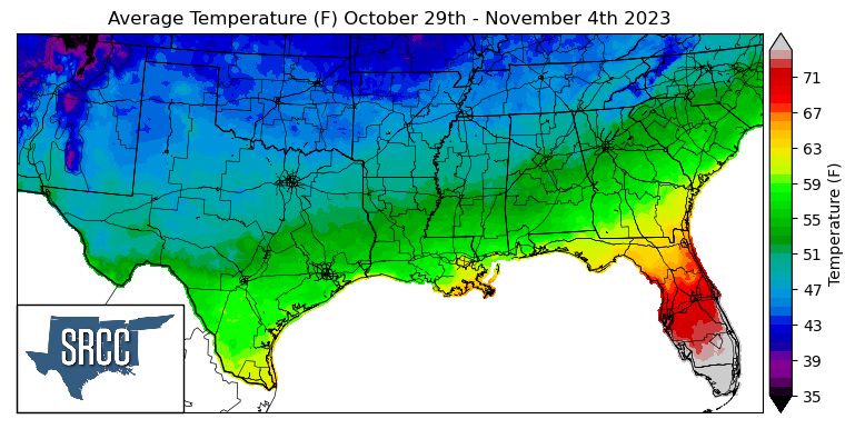 Graphic showing the average temperature across the Southern Region for October 29th - November 4th