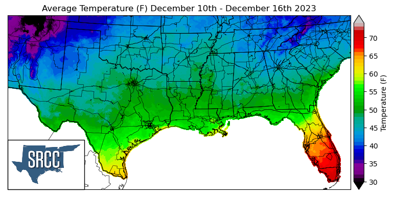 Graphic showing the average temperature across the Southern Region for December 10th - 16th