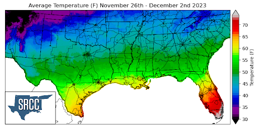 Graphic showing the average temperature across the Southern Region for November 26th - December 2nd
