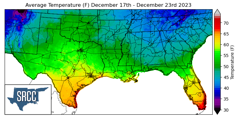 Graphic showing the average temperature across the Southern Region for December 17th - 23rd
