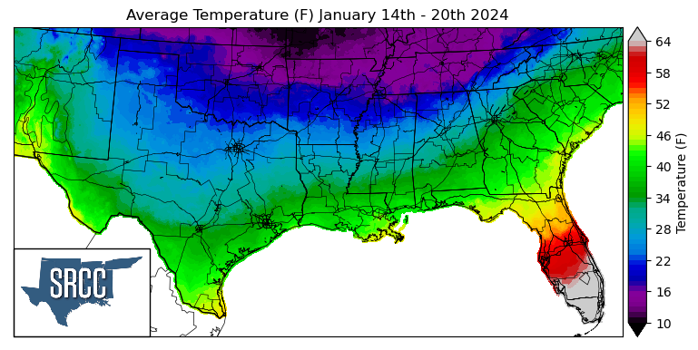 Graphic showing the average temperature across the Southern Region for January 14th - 20th