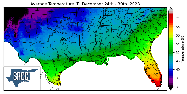 Graphic showing the average temperature across the Southern Region for December 24th - 30th