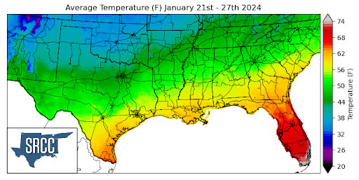 Graphic showing the average temperature across the Southern Region for January 21st - 27th