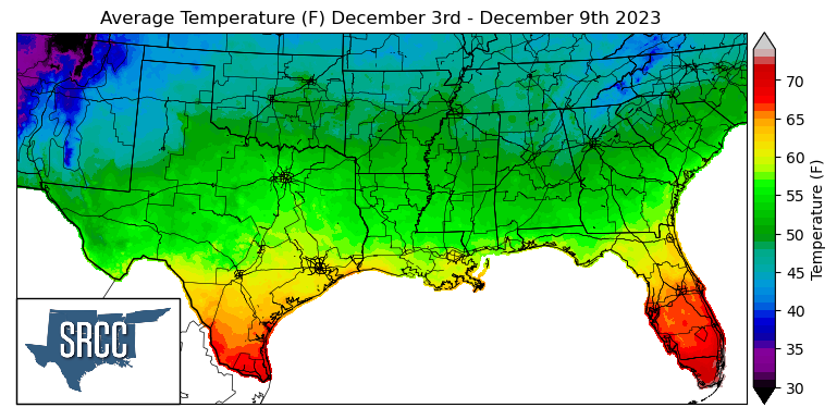 Graphic showing the average temperature across the Southern Region for December 3rd - 9th