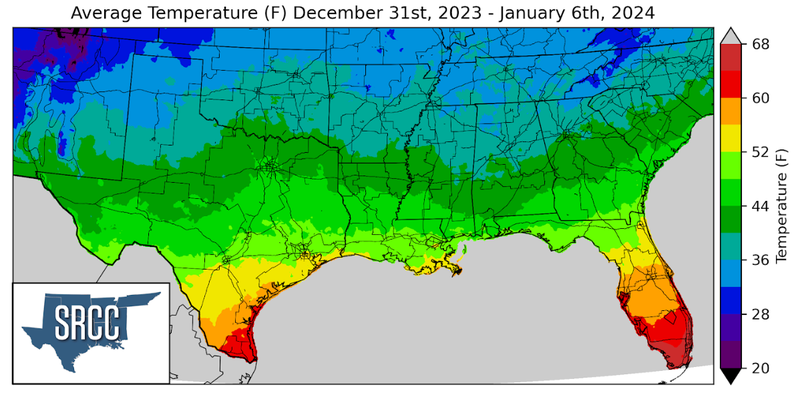 Graphic showing the average temperature across the Southern Region for December 31st - January 6th