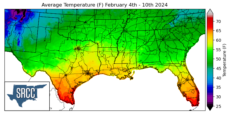 Graphic showing the average temperature across the Southern Region for February 4th - 10th