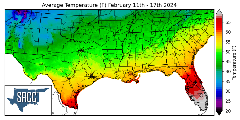Graphic showing the average temperature across the Southern Region for February 11th -