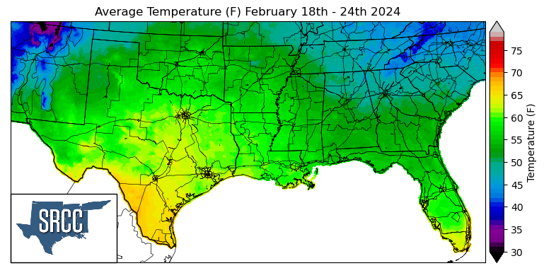 Graphic showing the average temperature across the Southern Region for February 18th - 24th