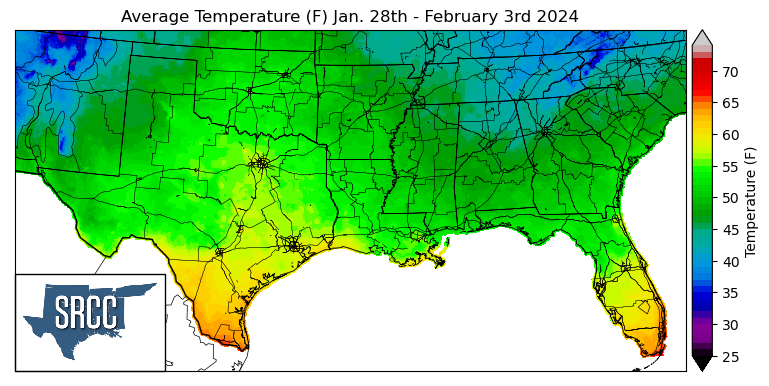Graphic showing the average temperature across the Southern Region for January 28th - February 3rd